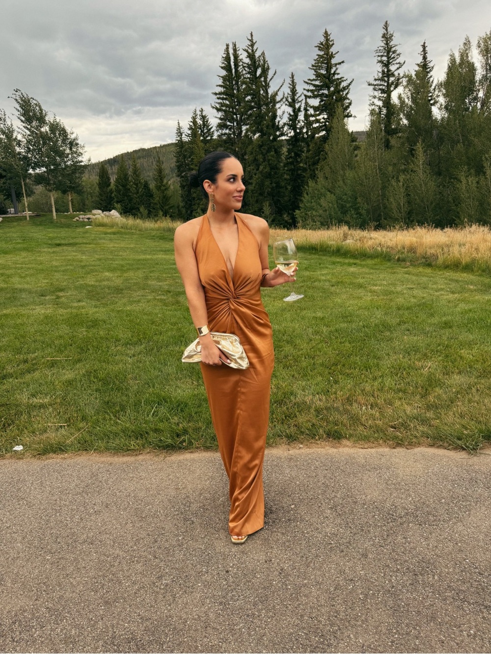 PrettyLittleThing Copper Halter Twist-Front Maxi Dress